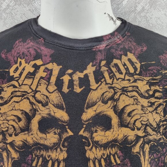 Affliction Shirt Mens XL Black Thermal Waffle Karo Parisyan The Heat Skulls - Picture 5 of 13